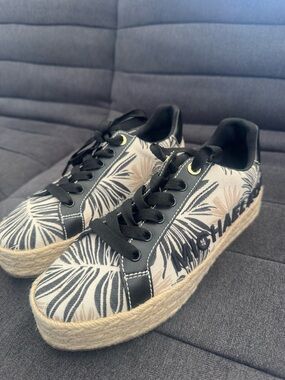 Michael Kors Black and Tan Palm-Print Espadrille Sneakers